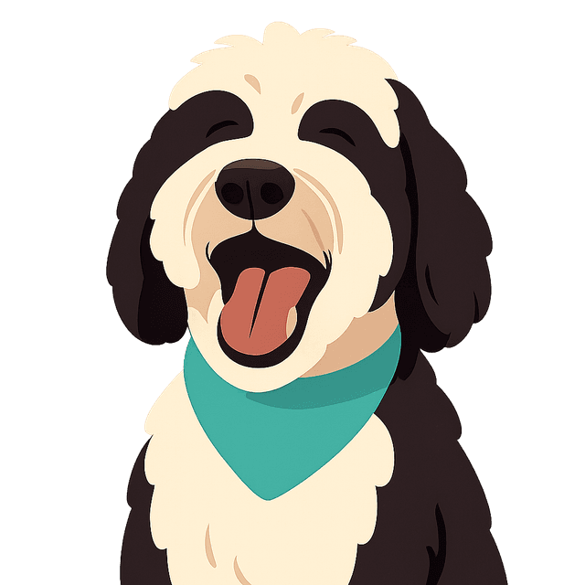 Illustrated portrait of Sophie, a black-and-white sheepadoodle